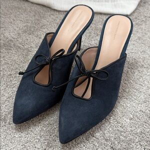 Something Navy Dark Blue Mules with Bow Accent